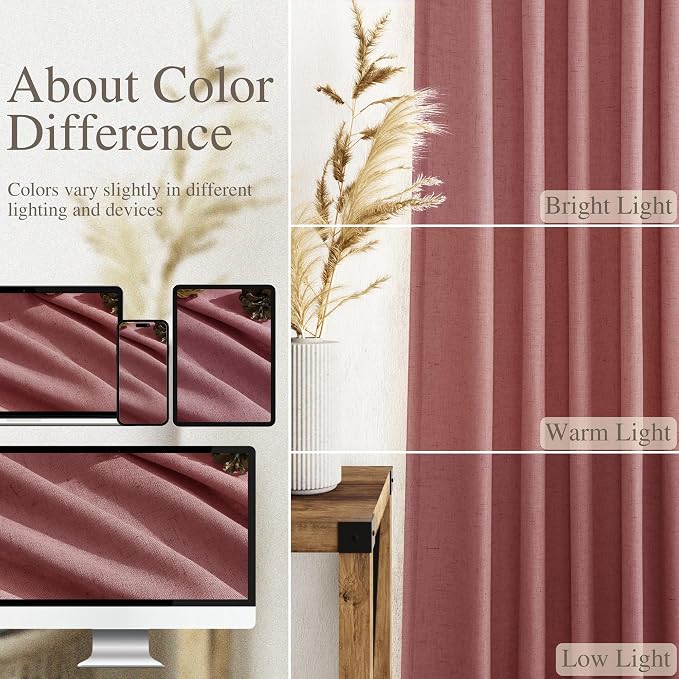 Extra Long Canyon Rose Linen Curtains 120 Inch for Living Room 2 Panels Set Rod Pocket Back Tab Linen Window Drapes Semi Sheer Light Filtering Privacy High Ceiling Drapes for Farmhouse 52x120