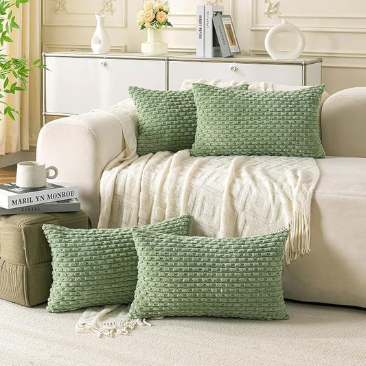 Set of 4 Sage Green Decorative Throw Pillow Covers 12x20 Inch Corduroy Pillow Covers for Bed Couch Sofa Living Room Soft Cushion Cases