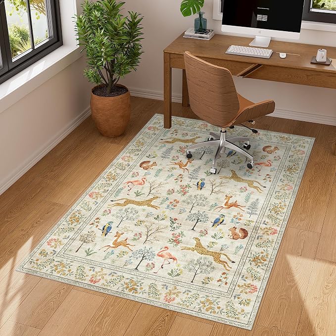 DUKINO 3x4 Rug, Washable Animal Area Rug for Entryway Non Slip, Beige | Soft, Low Pile, Stain Resistant Indoor Carpet Runner for Entryway, Kitchen, Bedroom, Bathroom, Pet Friendly, Home Decor