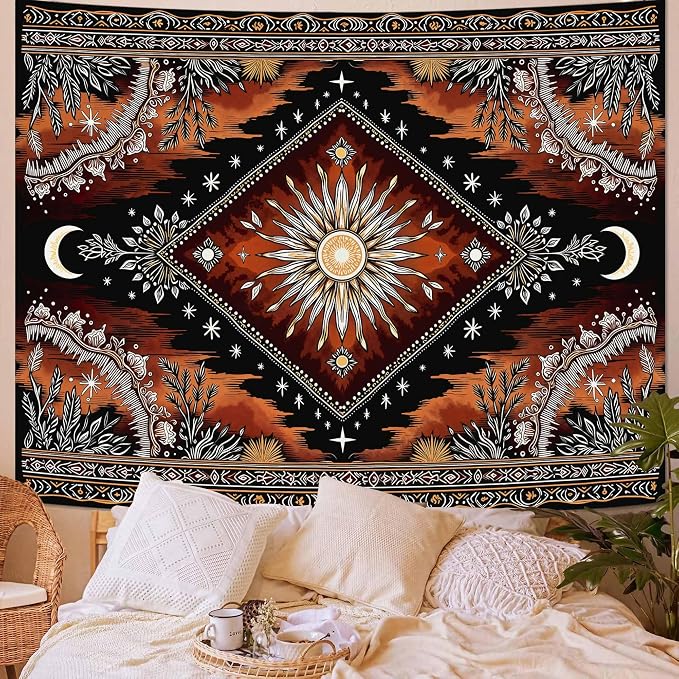 Accnicc Hippie Sun and Moon Tapestry Boho Mandala Floral Wall Tapestry for Bedroom Aesthetic Vintage Plant Celestial Dark Brown Small Tapestries Wall Hanging for Dorm Living Room Decor 48 x 36 Inch