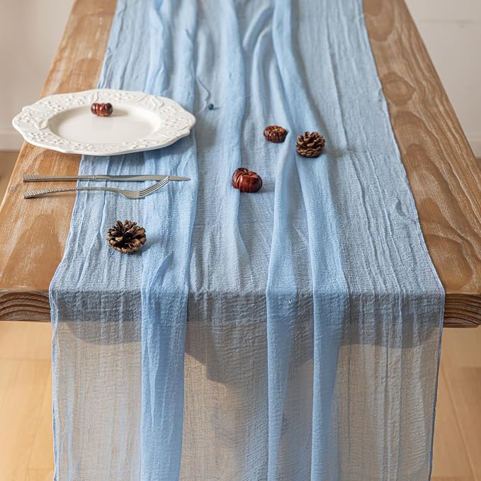 6Pcs Light Blue Cheesecloth Table Runner 120 Inches for Party Home Decor | For Wedding Baby Shower Bridal Shower Birthday Engagement Party 10FT Rustic Boho Summer Home Decorations