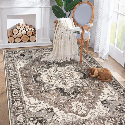 Washable Living Room Area Rug - 5'x7 'Large Bedroom Rug Distressed Oriental Non-Slip Non-Shedding Print Floor Carpet for Dining Room Kitchen (Beige, 5 x 7)