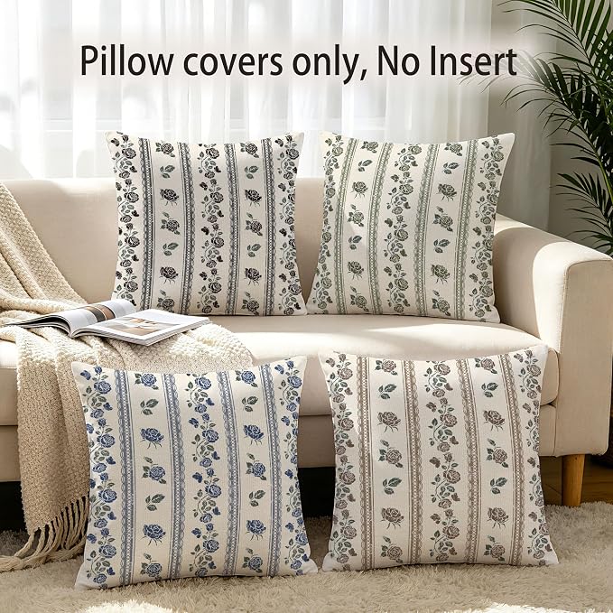Hexagram Vintage Throw Pillow Covers 18x18, Floral Blue Pillow Covers | Light Blue, Set of 2, Boho Farmhouse Neutral Decorative for Couch Pillows, Home Decor, Bedroom, Living Room, No Insert