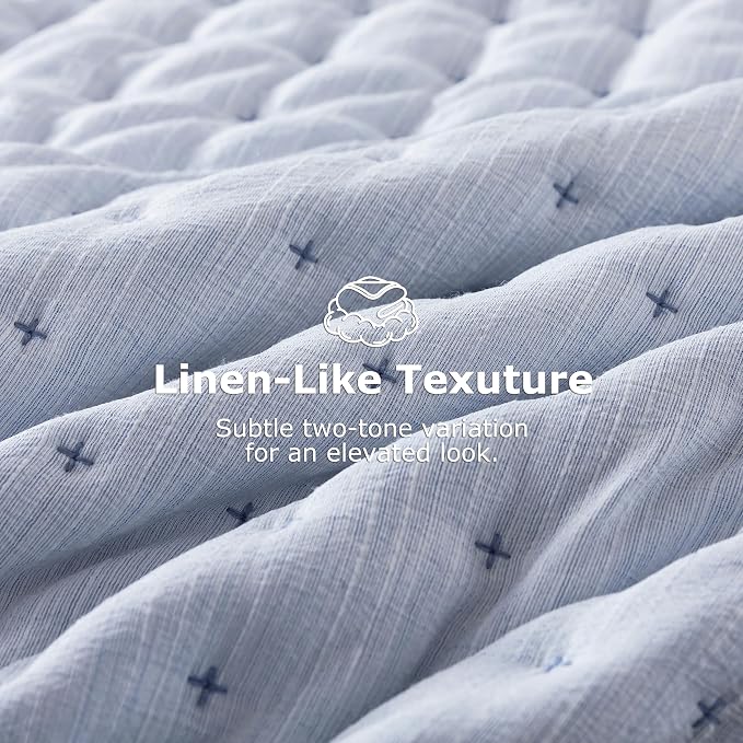 WDCOZY Blue Oversized King Quilt Set, California Cal King Rustic Bedspread, Textured Like Linen, Lightweight Soft Farmhouse Coverlet, Spring Summer Thin Comforter, 3 Pieces, 116x106 inches