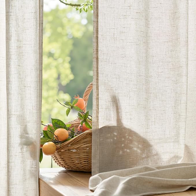 jinchan Linen Curtains for Living Room Bedroom Light Filtering Semi Sheer Curtains Boho Farmhouse French Country Cottage Core Decor Window Drapes Back Tab 90 Inch Length Tassel Beige