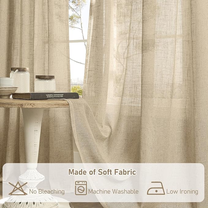 Linen Blended Curtains for Bedroom Living Room, 38 x 84 Inch | Faux Linen Textured, Light Filtering Drapes, Semi Sheer, Privacy Panels for Farmhouse, Rod Pocket Back Tab, 2 Panels, Brown