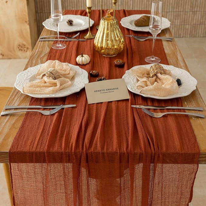 6Pcs Fall Terracotta Cheesecloth Table Runner 120 Inch Party Home Decor | For Thanksgiving Friendsgiving Wedding Bridal Shower Baby Shower Engagement Party Rustic Boho Home Decorations