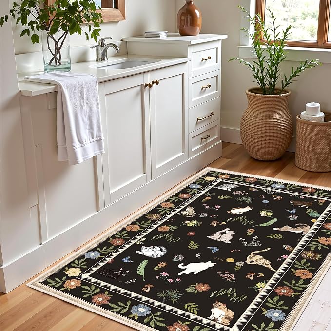 AIMPEAK Black 2x3 Washable Door Mat - Non Slip Low Pile Cat Floral Boho Small Area Rug for Entryway, Kitchen, Front Door, Indoor Entrance, Kids Room Throw Rug Carpet, Black Multi