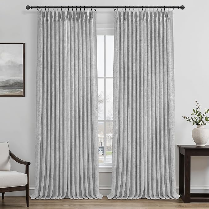 Light Grey Extra Long Floor to Ceiling Sheer Linen Curtains 108 Inches Long for Dining Room 2 Panels Set, Country Memory Trained Pinch Pleated Curtain 9 FT Length Office Luxury Viral Drapes with Hooks