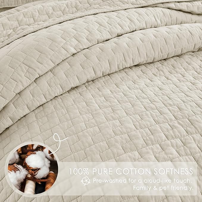 palassio Beige 100% Cotton Quilt Twin Size Bedding Sets with 1 Pillow Sham, Textured Lightweight Soft Bedspread Shabby Chic Coverlet, Neutral Quilted Comforter Bed Cover for All Season, 2 Pieces