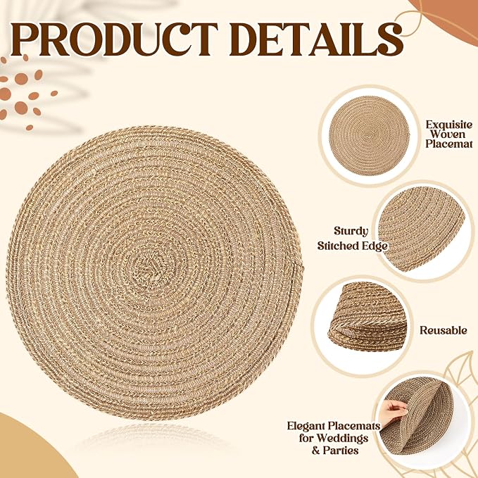 12 Inch Round Woven Placemats Set of 12 Burlap Boho Jute Charger Bulk Rustic Vintage Natural Brown Heat Resistant Dining Table Mat for Wedding Farmhouse Craft Home Kitchen Summer Party Decor