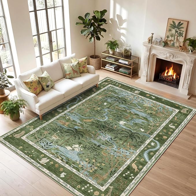 8x10 Washable Rug for Living Room Green Animal Print Large Bedroom Rugs Non Slip Forest Nursery Girls Room Throw Carpet Stain Resistant Whimsical Safari Area Rugs for Home Office, Green