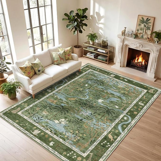 8x10 Washable Rug for Living Room Green Animal Print Large Bedroom Rugs Non Slip Forest Nursery Girls Room Throw Carpet Stain Resistant Whimsical Safari Area Rugs for Home Office, Green