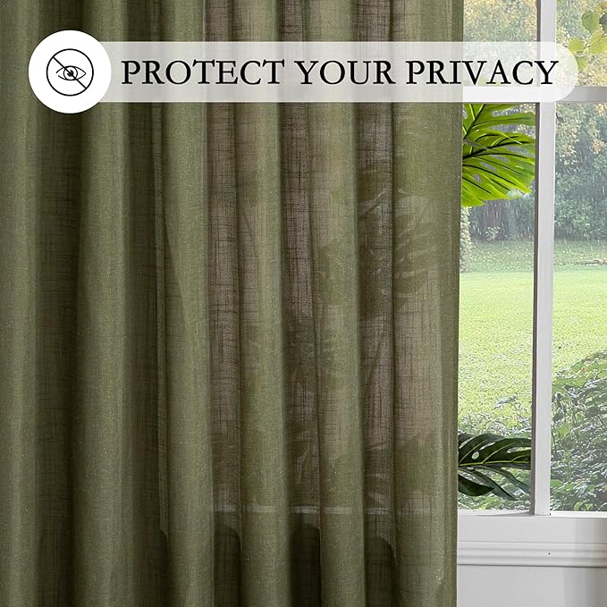 MYSKY HOME Extra Long Sheer Curtains Farmhouse, Sliding Door Curtain for Living Room Light Filtering Privacy Protect Soft Linen Blend Back Tab Window Drapes, 50" x 108", Olive Green, 2 Panels