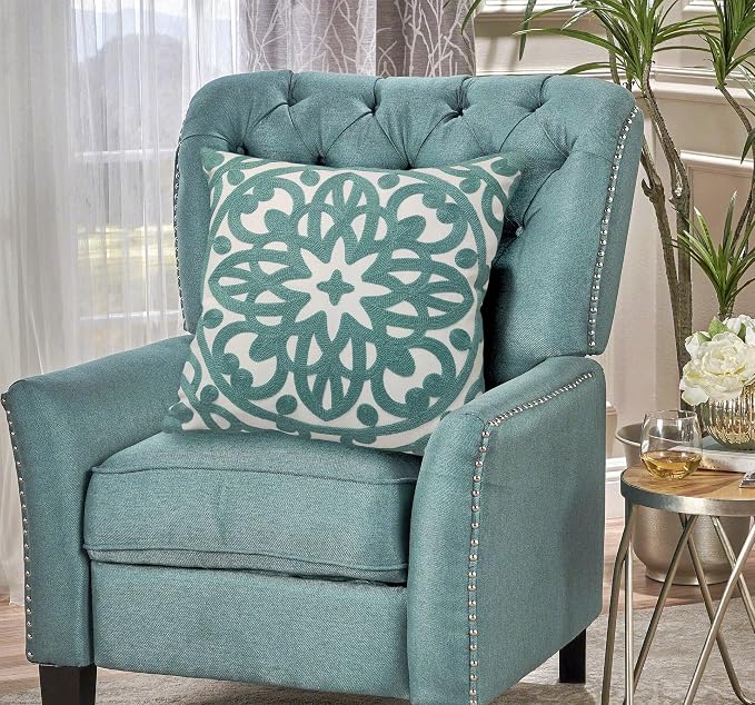 Alysheer Embroidered Decorative Throw Pillow Cover 18x18 inch, Cozy Cool Boho Mandala Chic Knit Pattern, Durable 100% Cotton Cushion Case for Sofa Couch Living Room Bedroom Office Gifts (Aqua Blue)