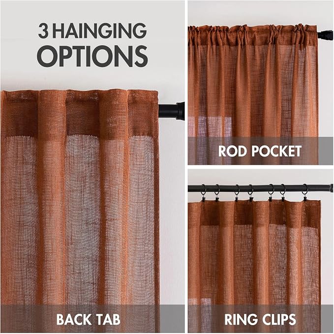 MIULEE Burnt Orange Fall Linen Curtains 120 Inch with Thick Linen Textured | Textured Window Drapes, Terracotta Rust Fall Decor, Semi Sheer Light Filtering, Rod Pocket Back Tab, 2 Panels 10 Ft