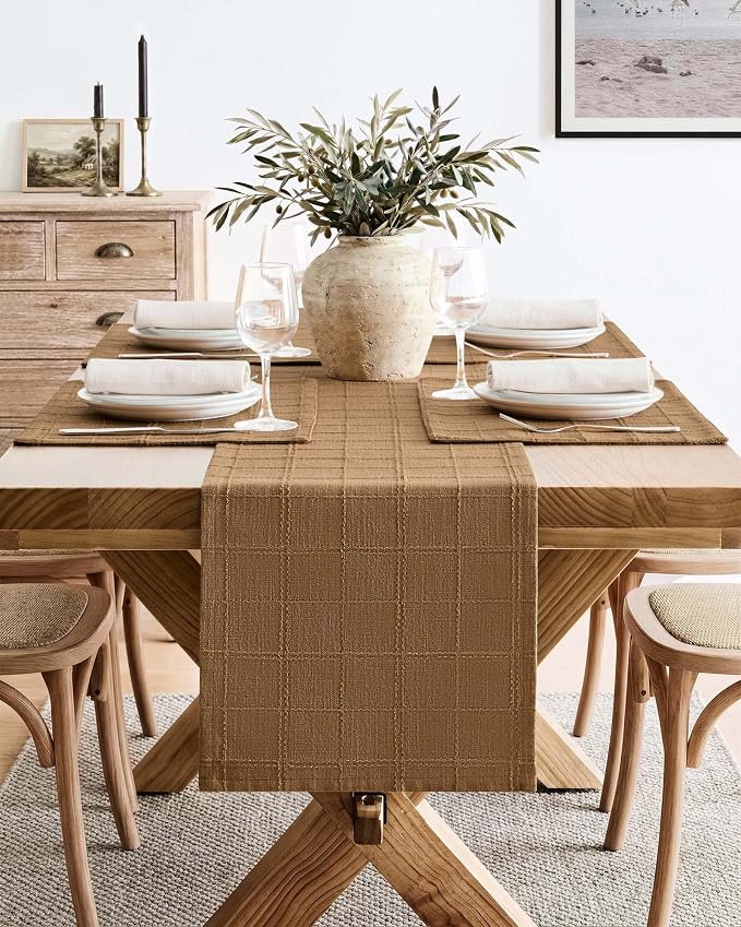 ZeeMart Linen Checked Farmhouse Table Runner, 13x72 Inches Roasted Brown | Raised Grid Design, Rich Woven Texture, Linen Blend Table Runners 72 Inches Long, Machine Washable, Boho Home Kitchen Decor