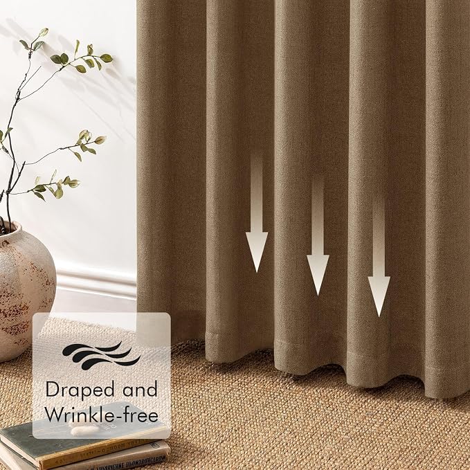 MIULEE Faux Linen Curtains 63 Inch Length 2 Panels Natural Semi Sheer Curtain with Back Tab Rod Pocket, Light Filtering Window Privacy Burlap Drapes for Living Room Bedroom 42W x 63L Brown
