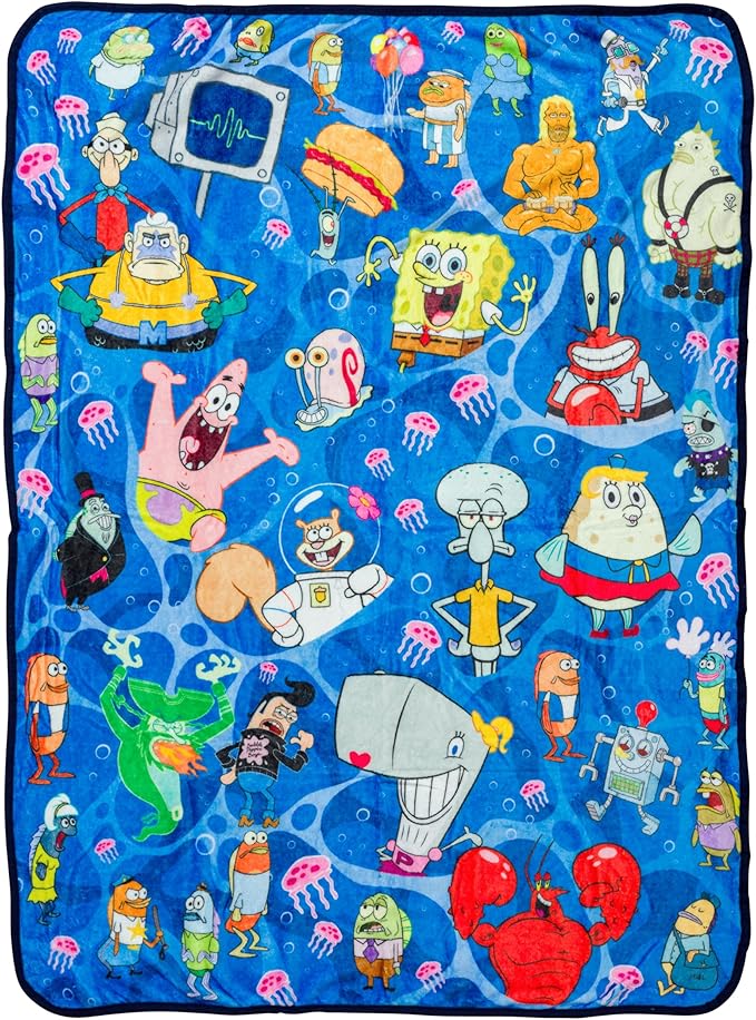 Silver Buffalo Spongebob Squarepants, Patrick, Throw Blanket, 45x60in | Squidward, Mr. Krabs, Sandy, Mermaid Man, Barnacle Boy, Flying Dutchman, Pearl, Bikini Bottom, Soft, Cozy, Fleece, 185 GSM