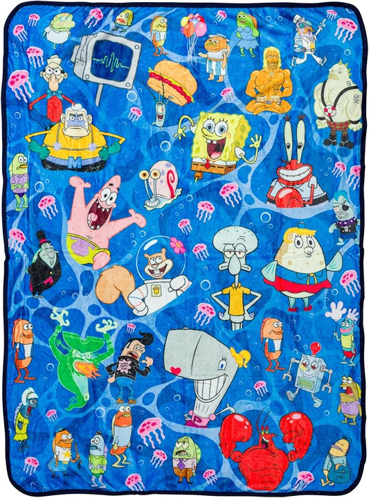Silver Buffalo Spongebob Squarepants, Patrick, Throw Blanket, 45x60in | Squidward, Mr. Krabs, Sandy, Mermaid Man, Barnacle Boy, Flying Dutchman, Pearl, Bikini Bottom, Soft, Cozy, Fleece, 185 GSM