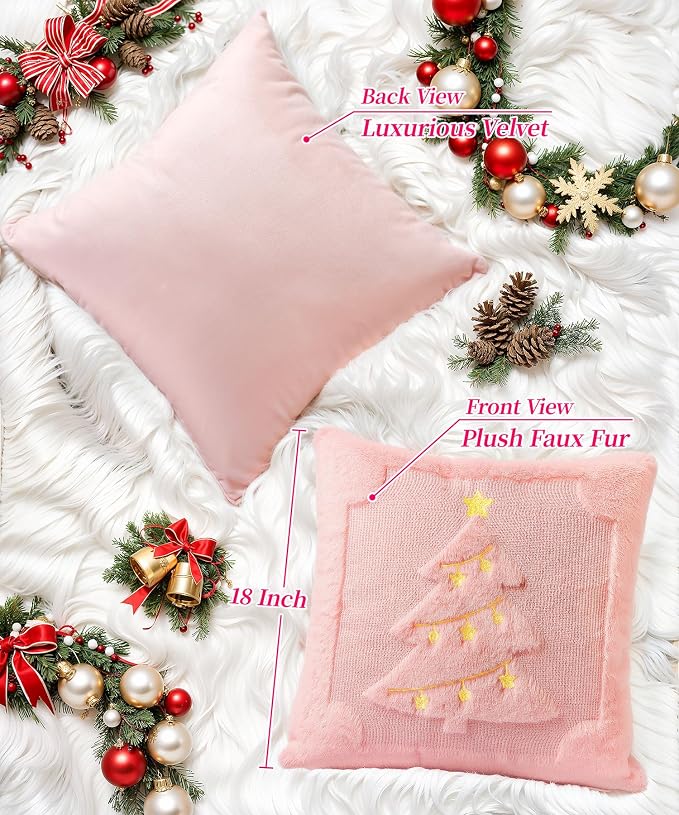 Christmas Pillow Covers Set of 2 Soft Plush Faux Fur Pillow Cases 3D Embroidered Decorative Couch Cover Home Decor Christmas Throw Pillow Covers 18x18,Pink Christmas Tree