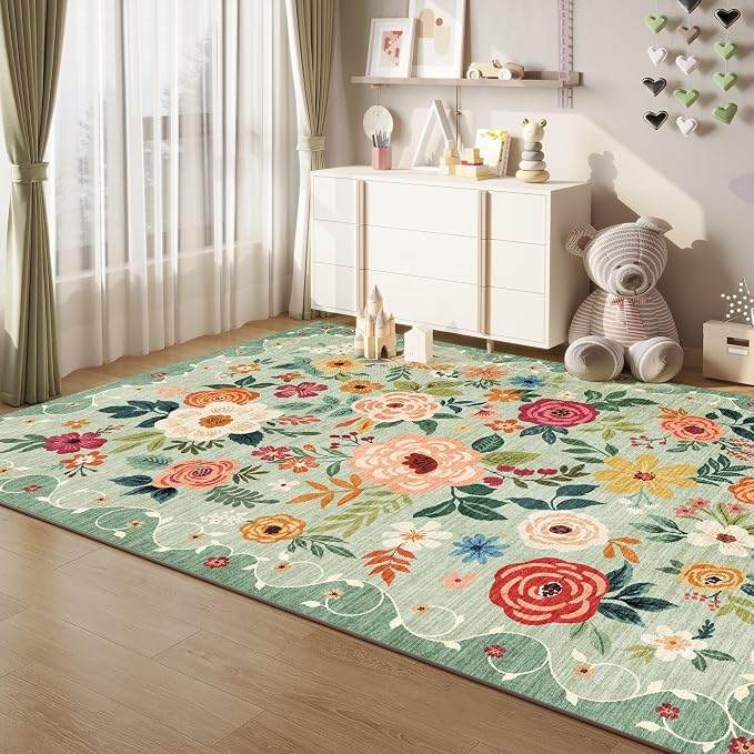 DUKINO 6x9 Area Rugs, Floral Washable Rug for Bedroom Non Slip, Green | Soft, Low Pile, Large Indoor Rug for Living Room, Dining Room, Kids Room, Office, Pet Friendly, Home Decor, Stain Resistant