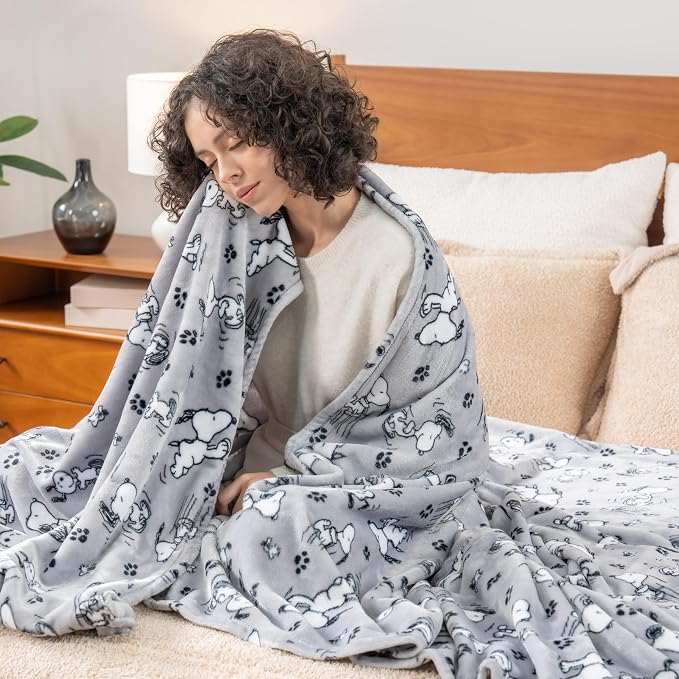 Berkshire Blanket Peanuts® VelvetLoft® Cute Character Snoopy Plush Blanket,Peanuts Poses and Paws Grey,King 90 in x 108 in (Official Peanuts® Product)