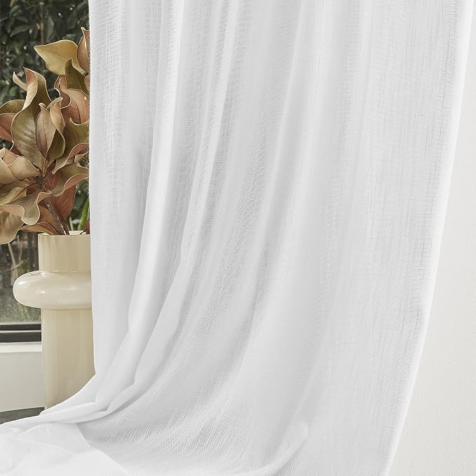MYSKY HOME Patio White Curtains for Sliding Door, Living Room Curtains & Drapes Soft Cotton Farmhouse Window Treatments 90 inch Length 2 Panels Set Linen Look Semi Sheer Draperies, 50" W x 90" L