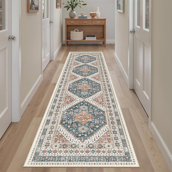 Madane Hallway Runner Rug 2x8 Washable Kitchen Rugs Non-Slip, Navy Blue | Vintage Machine Washable Low-Pile Floor Carpet 8ft, Soft Ultra-Thin Throw Entry Foyer Mat for Entrance Laundry Living Room
