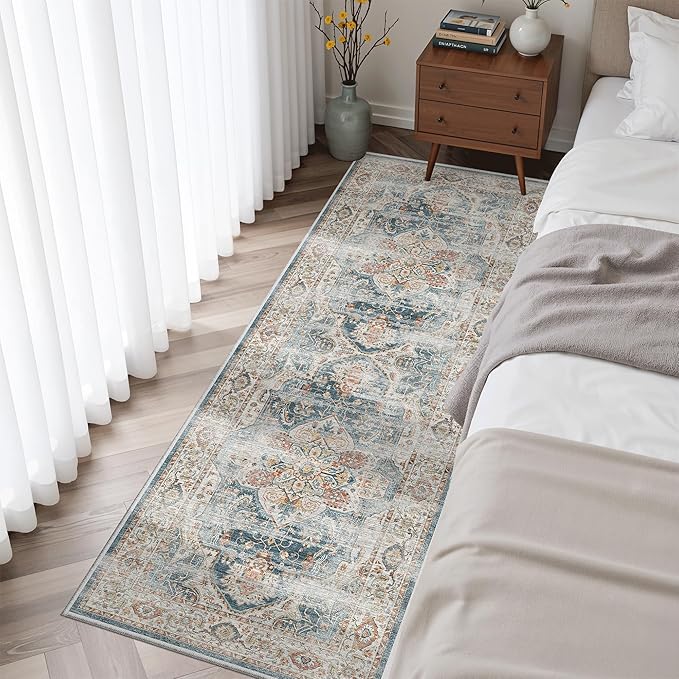 Madane Washable Runner Rug 2x6 Runners for Hallways Non Slip, Navy | Vintage Stain-Resistant 6 Feet Kitchen Rug, Soft Low-Pile Ultra-Thin Floor Carpet Mat for Bathroom Laundry Room Bedroom 2x6ft