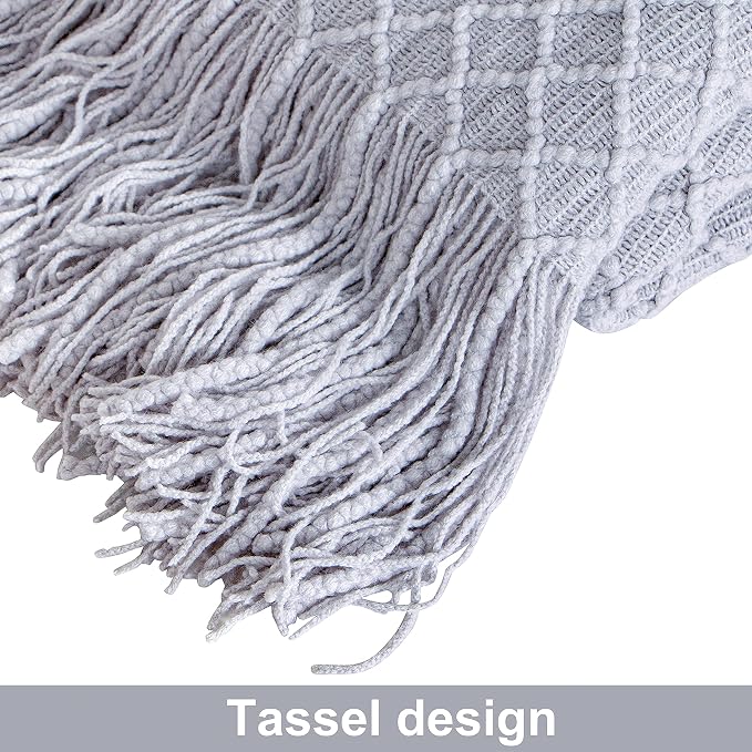 NTBAY Acrylic Knit Throw Blanket, 51 x 67, Light Grey Checkered | Lightweight Acrylic Wave-Knit Throw with 7 Inch Tassels for Sofa, Bed, Reading, Travel, and Decorative Layering