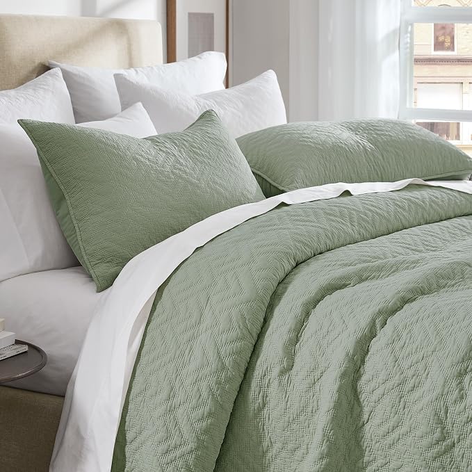 palassio 100% Cotton Textured Bedding Sets with 2 Pillow Shams，Sage Green California Cal King Size，3 Pieces