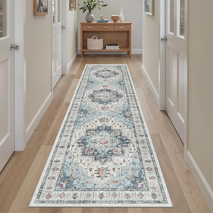 Madane Hallway Runner Rug 2x8 Washable Kitchen Rugs Non-Slip, Blue | Vintage Machine Washable Low-Pile Floor Carpet 8ft, Soft Ultra-Thin Throw Entry Foyer Mat for Entrance Laundry Living Room