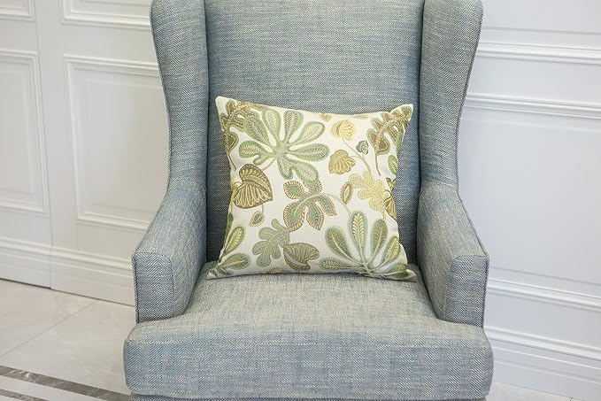 Mika Home Set of 2 Jacquard Tropical Leaf Pattern Throw Pillow Covers Decorative Pillowcase 22X22 Inches,Green Cream
