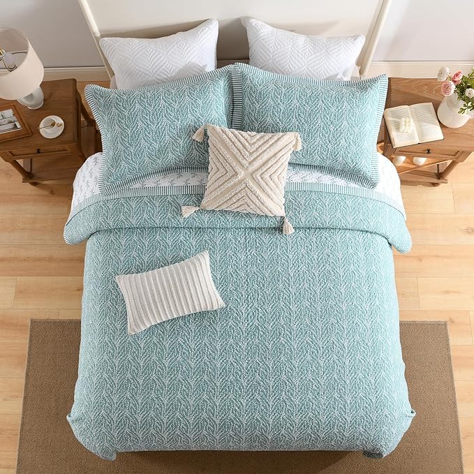 SahSahCasa Quilt Set Queen Size, 100% Cotton Quilt Bedding Set Bedspread, Botanical Pattern Solid Color Chic Lightweight Quilted Comforter for Queen Bed, White/Teal, All Season, 3PCs