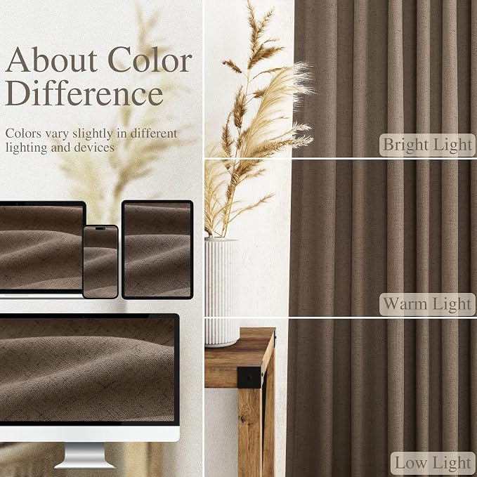 Extra Long Light Brown Curtain 108 Inches Long 2 Panels Set Back Tab Linen Drapes for Living Room Neutral Farmhouse Light Filtering Semi Sheer Linen Curtains 108 Inch Length for Large Window 9 FT