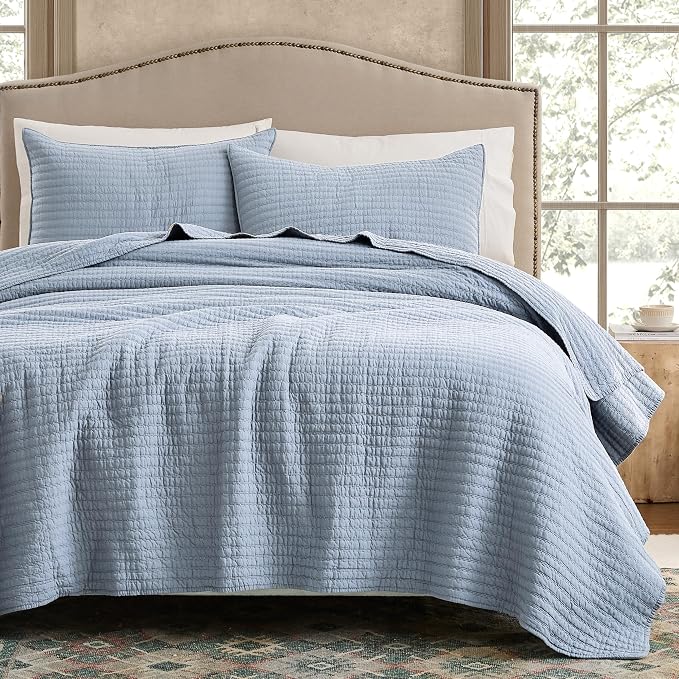 WDCOZY 100% Cotton Queen Size Quilt Set - Light Blue Striped Pick Stitch Soft Lightweight Bedspread, Textured Like Linen, Farmhouse Country Rustic Coverlet, Shabby Chic Gauze Bedding, 3 Pieces
