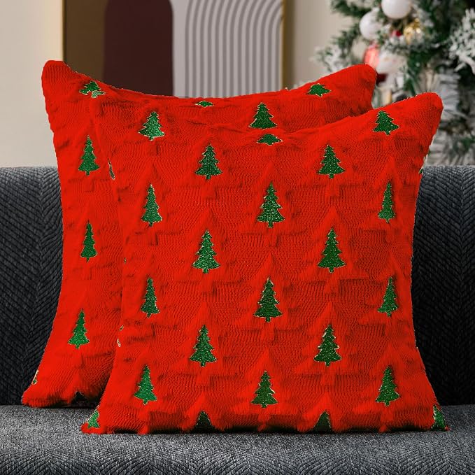 Allorry Christmas Pillow Covers 18x18 Set of 2 Red Green Double Xmas Tree Pillow Covers Soft Plush Faux Fur Christmas Decorations for Xmas Winter Holiday Home Bedroom Sofa Cushion Cases PT-008E18
