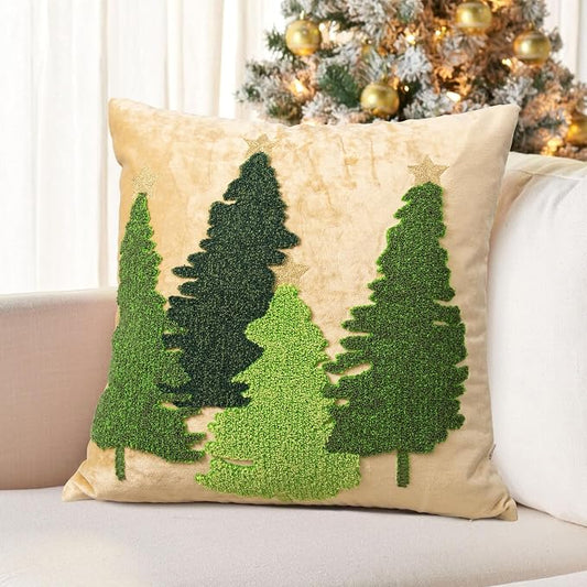 Christmas Tree Pillow Covers 18x18, Embroidered Throw Pillow Covers Decorations Holiday Pillows for Home Couch Sofa Bed Living Room,Gold Crushed Velvet Cushion