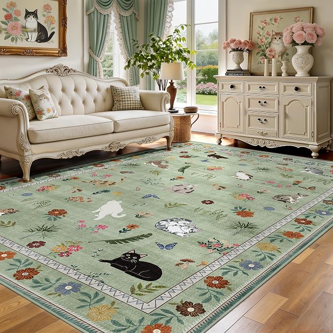 AIMPEAK Green 5x7 Washable Area Rug - Non Slip Low Profile Cat Floral Boho Carpet for Living Room, Bedroom, Farmhouse, Dining Room, Kids Playroom, Nursery, Vintage, Green Multi