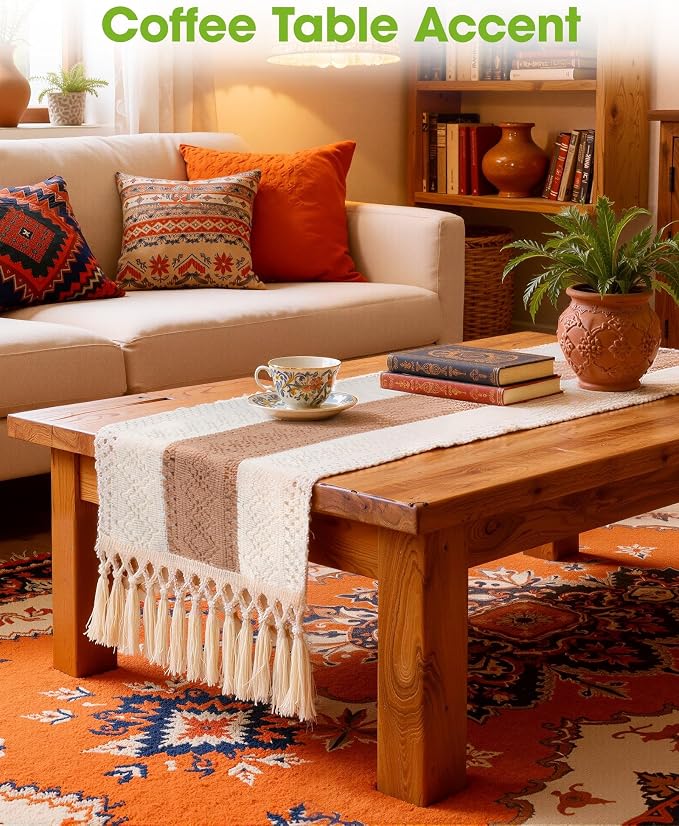 Pureegg Farmhouse Boho Table Runner 12 x 72 Inch, Brown | Dining Table Decor, Kitchen, Coffee Table, Linen Textured, Woven Tassel Table Runner