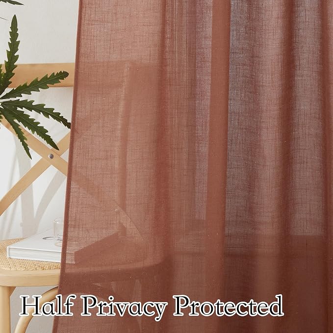 RYB HOME Linen Semi Sheer Curtains for Bedroom Living Room 95 inches Long | Light Filtering Privacy, Farmhouse Rustic Decor, Office Balcony Sliding Glass Door, W52 x L95, 2 Panels, Terracotta