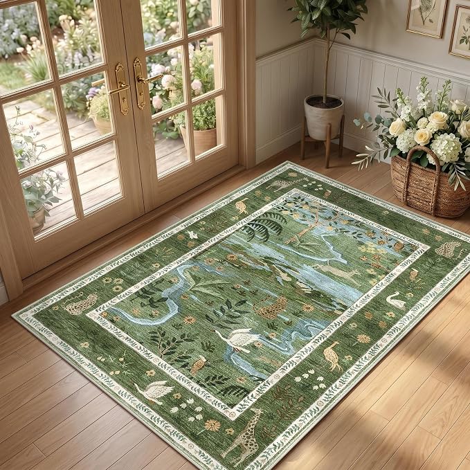 2x3 Washable Area Rug for Entryway Non Slip Safari Nursery Rug Green Kids Room Rugs Low Pile Stain Resistant Jungle Animal Print Rugs Small Throw Mat for Living Room Bedroom Girls Room, Green