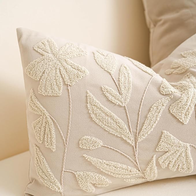 BlissBlush 14x36 Lumbar Pillow Cover for Bed, Rectangular Decorative Long Throw Pillowcase, Embroidered Farmhouse Accent Cushion, Beige Neutral Floral Tufted (Cover Only)