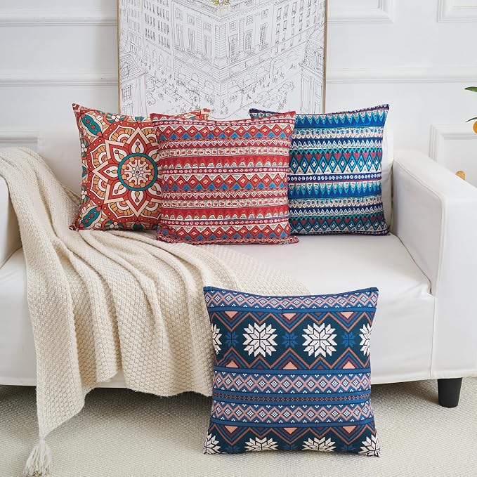 Couch Bohemian Double-Sided Patterned Throw Pillow Covers 18X18 Inch Set of 4 Square Farmhouse Decorative Cushion Covers BOHO Vintage Pillow Cases For Sofa Living Room Bedroom Outdoor Patio Porch