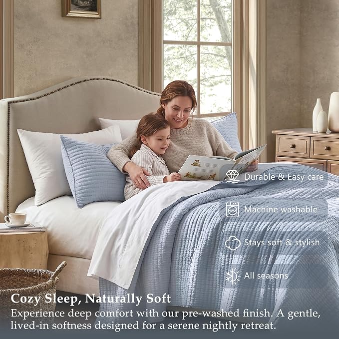 WDCOZY 100% Cotton Queen Size Quilt Set - Light Blue Striped Pick Stitch Soft Lightweight Bedspread, Textured Like Linen, Farmhouse Country Rustic Coverlet, Shabby Chic Gauze Bedding, 3 Pieces