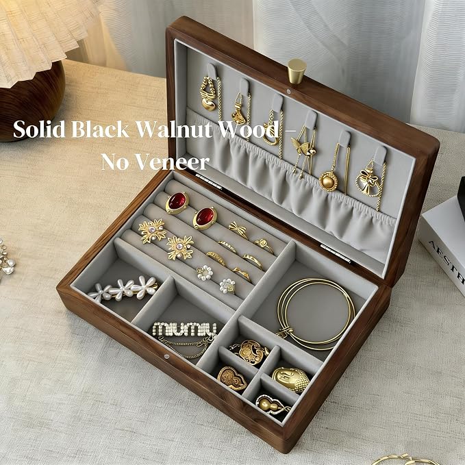 Bescott 1 Layer Solid Black Walnut Wooden Jewelry Box for Women Wood Vintage Organizer for Men Earrings Rings Necklaces Bracelet Watch Storage