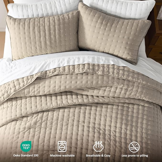 WDCOZY Beige Queen Size Quilt Bedding Sets with Pillow Shams, Cream Tan Lightweight Soft Bedspread Coverlet, Quilted Blanket Thin Comforter Bed Cover for All Season, 3 Pieces, 90x90 inches