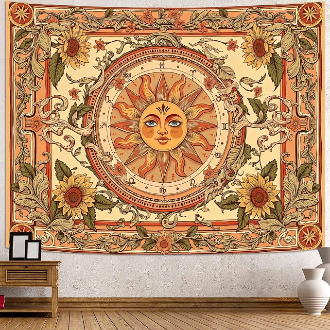 Accnicc Yellow Sun Tapestry Boho Floral Sunflower Plant Wall Tapestry for Bedroom Aesthetic Vintage Flower Celestial Small Tapestries Wall Hanging for Dorm Living Room Decor 60 x 44 Inch