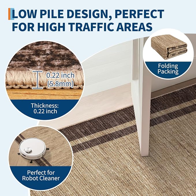 COZYLOOM Machine Washable Area Rugs 5x7 Bordered Rug for Kids Room Non Slip Non Shedding Contemporary Carpet Stain Resistant Low Pile Foldable Thin Mats for Living Room, Office, Brown